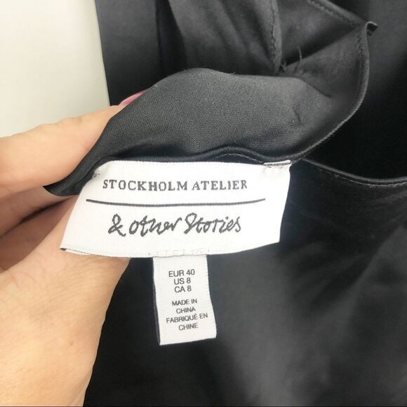 & OTHER STORIES | Black Gathered Halter Satin Look Midi Dress Women’s Size 8 - Picture 10 of 10